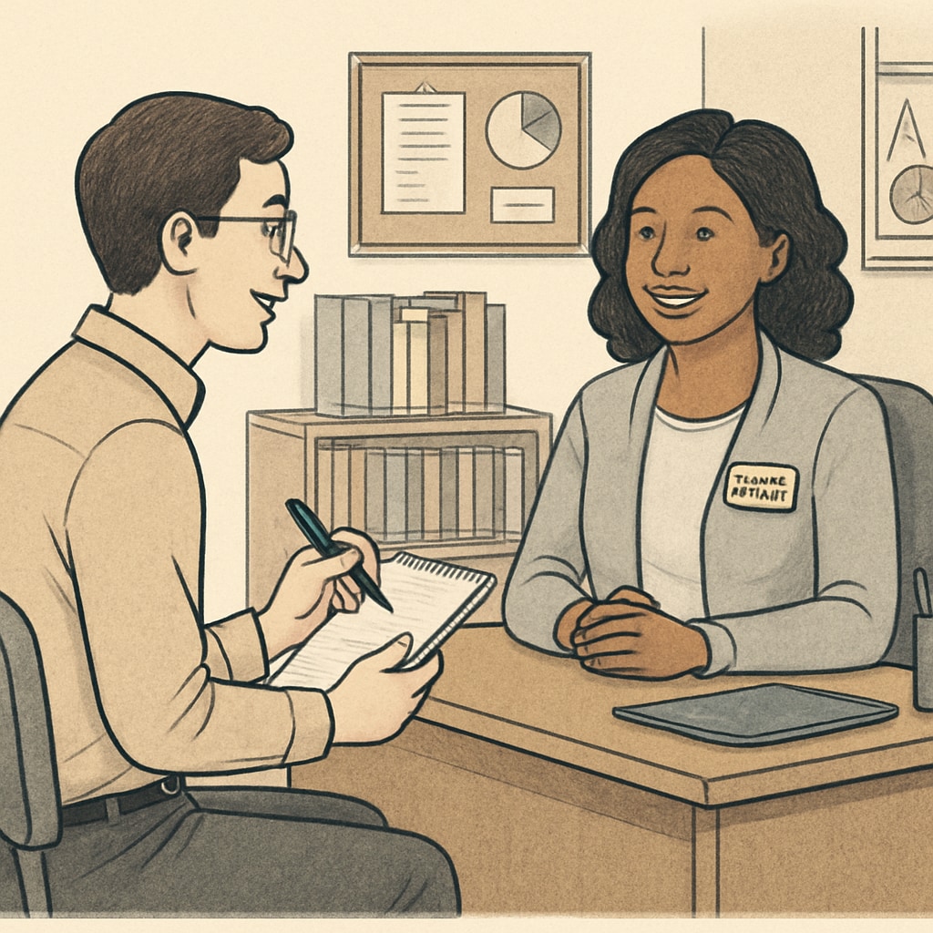 Graduate student interviewing a school counselor in a professional setting
