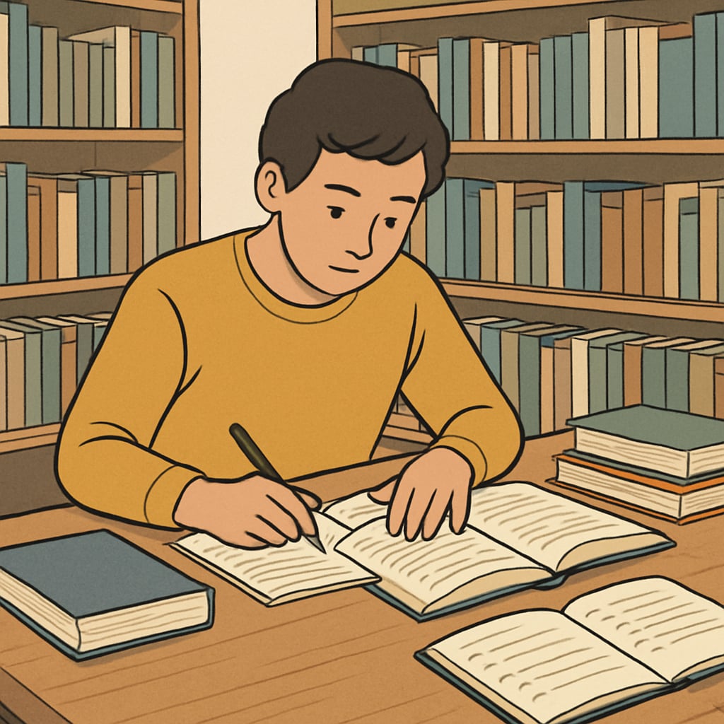 A person studying for an exam in a quiet library setting, surrounded by books and notes. A student preparing for the OAE exam with study resources in a library.