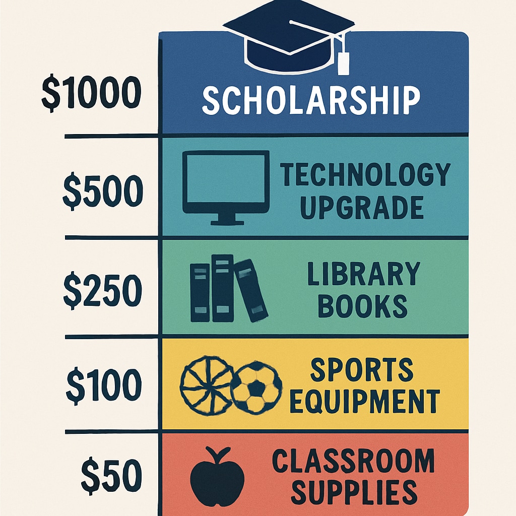 A school fundraising chart displaying donation tiers, illustrating the impact of monetary incentives. Fundraising chart with donation tiers highlighting monetary incentives.