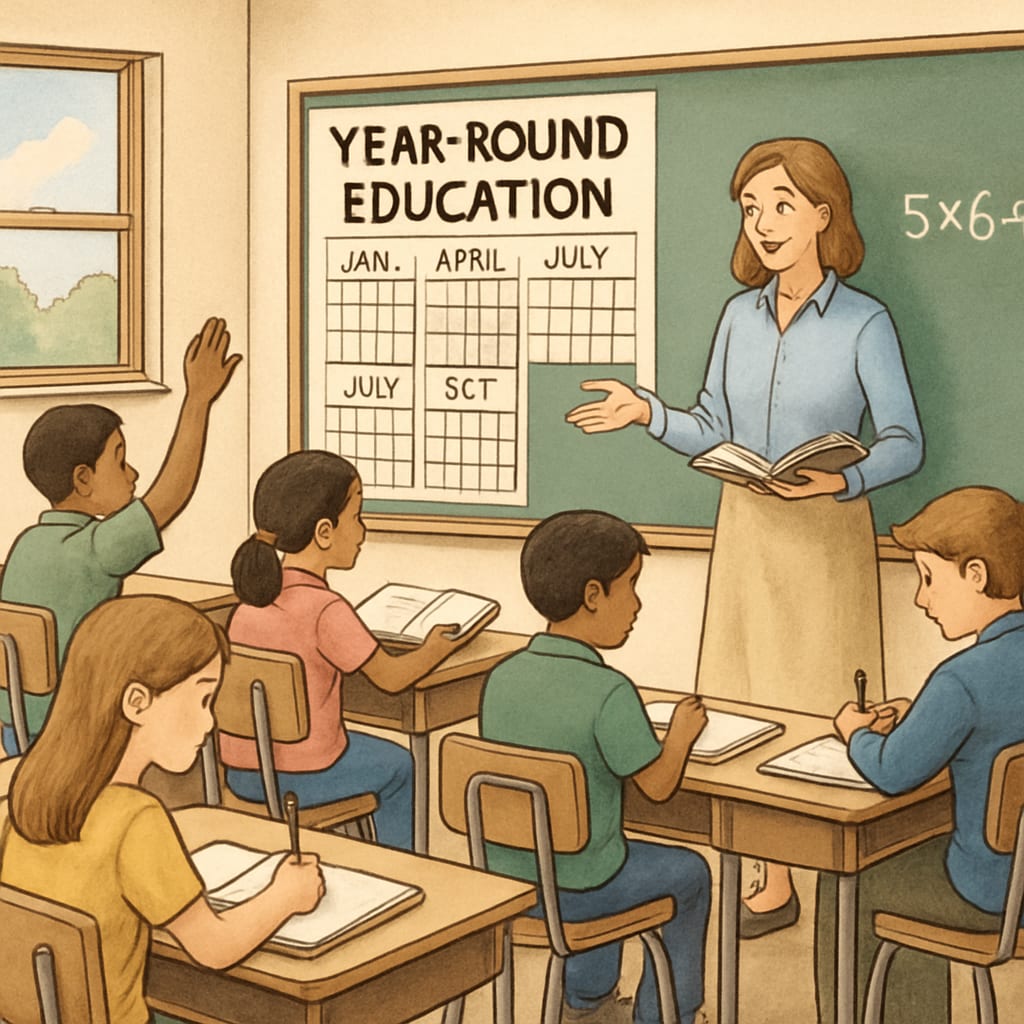 A classroom with students engaged in active learning during a structured calendar year. The image demonstrates the concept of year-round education in practice. Students in a year-round learning environment actively participating in class.