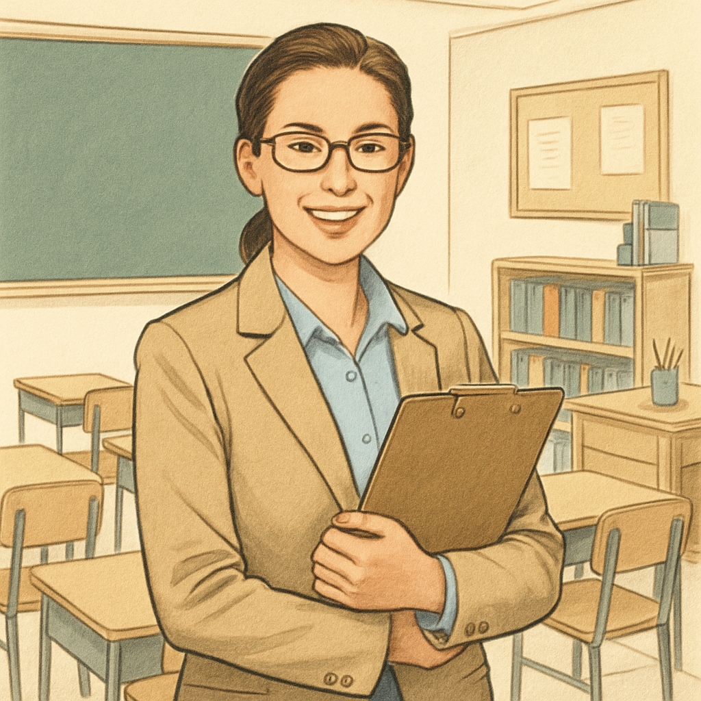 A teacher smiling confidently while holding a clipboard in a classroom environment. A confident teacher in a classroom, representing success after passing the OAE exam.