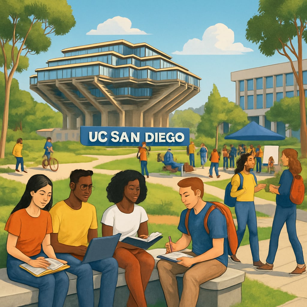 A bustling UC San Diego campus with students engaging in academic and extracurricular activities, symbolizing the future of higher education. UC San Diego campus with diverse students, representing expansion and growth.