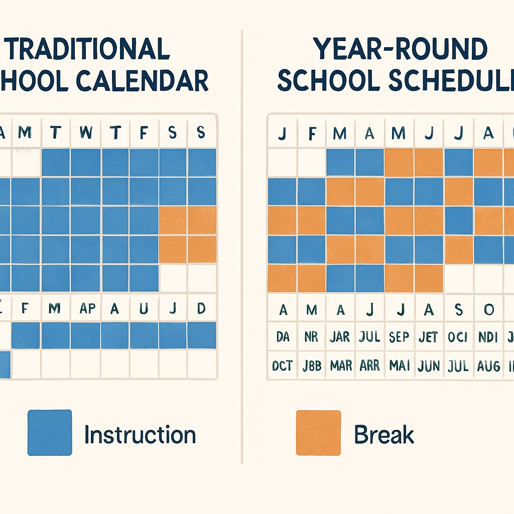 A visual comparison of traditional school calendars versus year-round schedules. Charts or calendars illustrating the differences would be ideal. Comparison of traditional and year-round school schedules highlighting their structure.