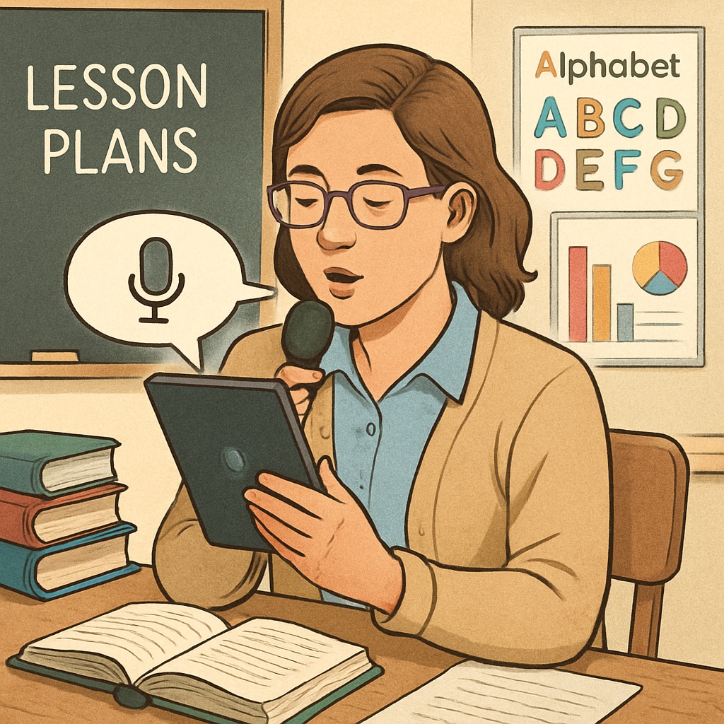 A teacher using a voice recognition tool on a tablet to create lesson plans in a classroom setting. Teacher using voice-to-text technology with WillowVoice for lesson planning.