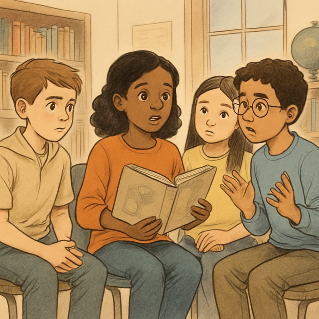 K12 students discussing a philosophical storybook to develop critical thinking.