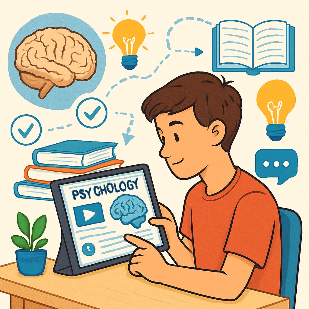 Teenager learning psychology on a tablet through a digital platform.