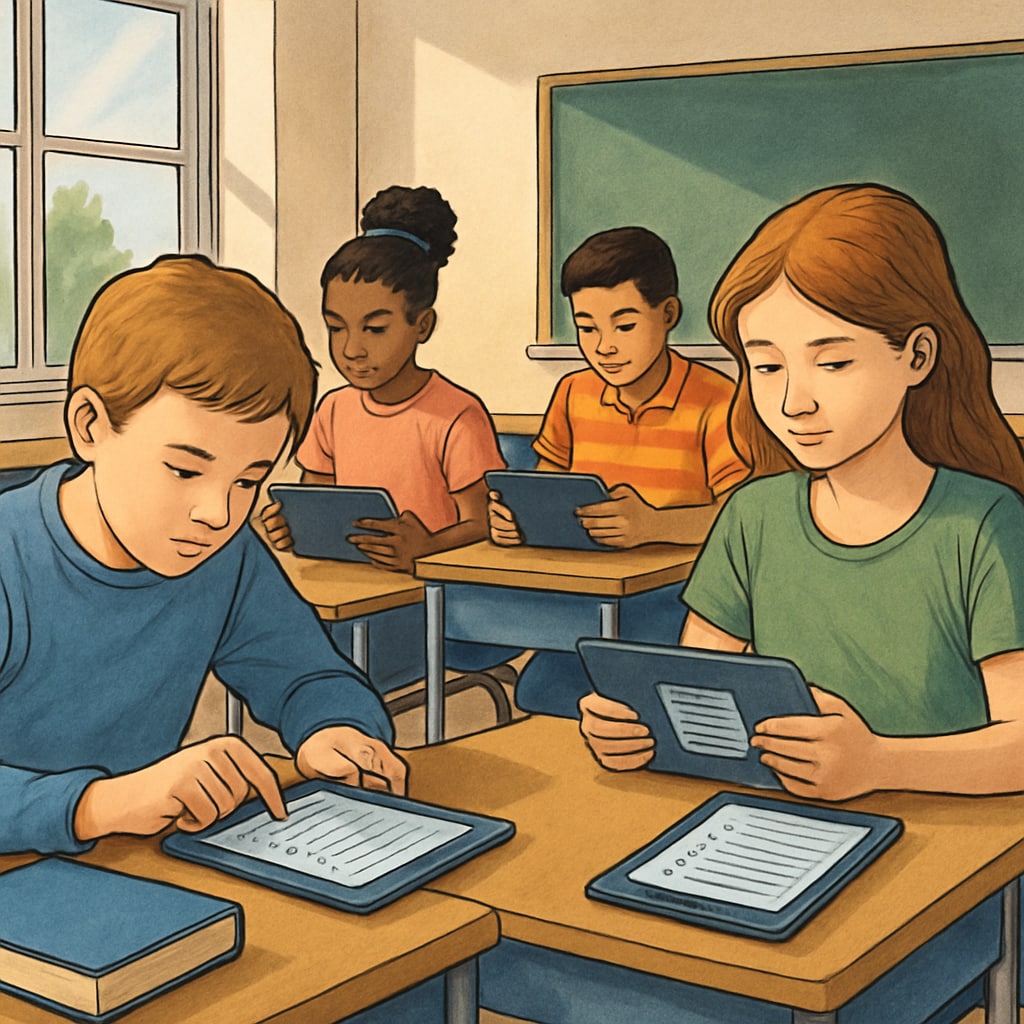 A classroom setting with students taking a test on tablets, symbolizing modern test resources. Students using tablets for modern test resources in a classroom.