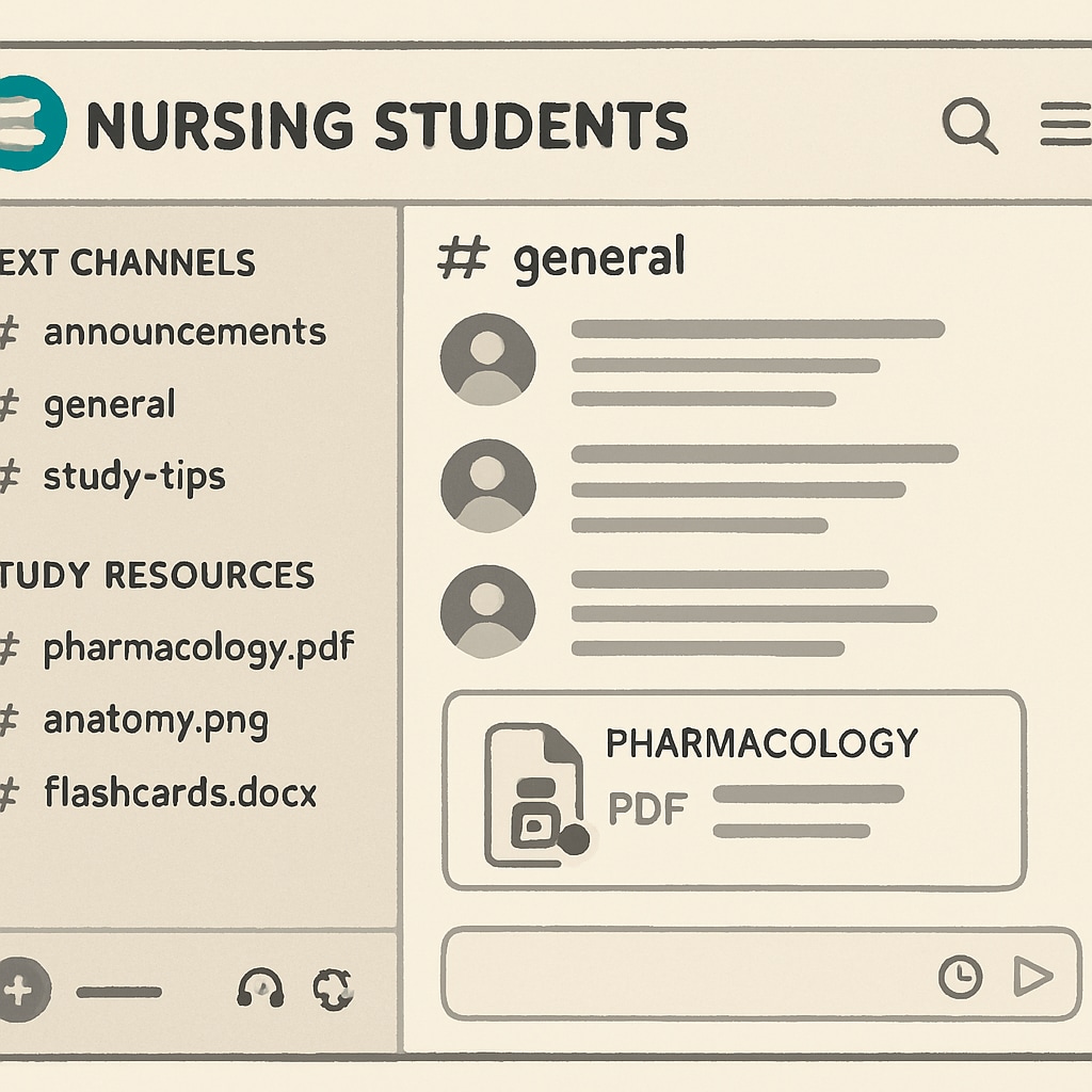 Discord server interface showcasing nursing study resources and channels.