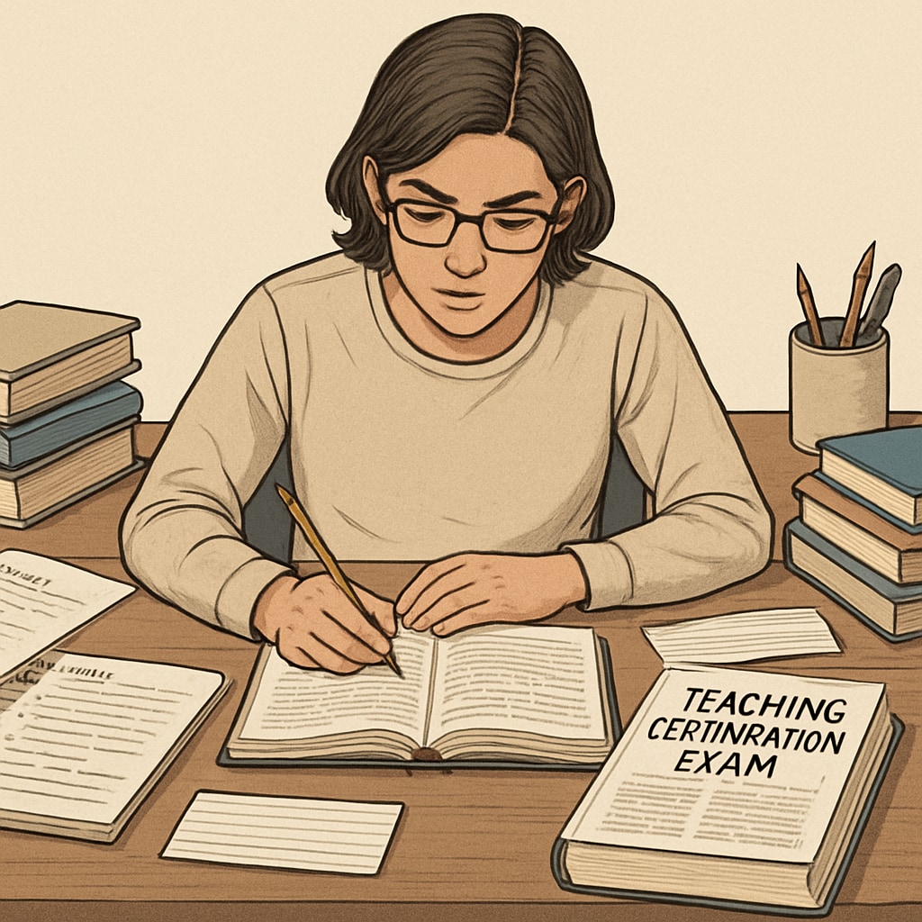 A person studying with books and notes, representing OAE exam preparation. The image conveys focus and determination in preparation for a teaching certification exam. Student preparing for the OAE exam with study materials.