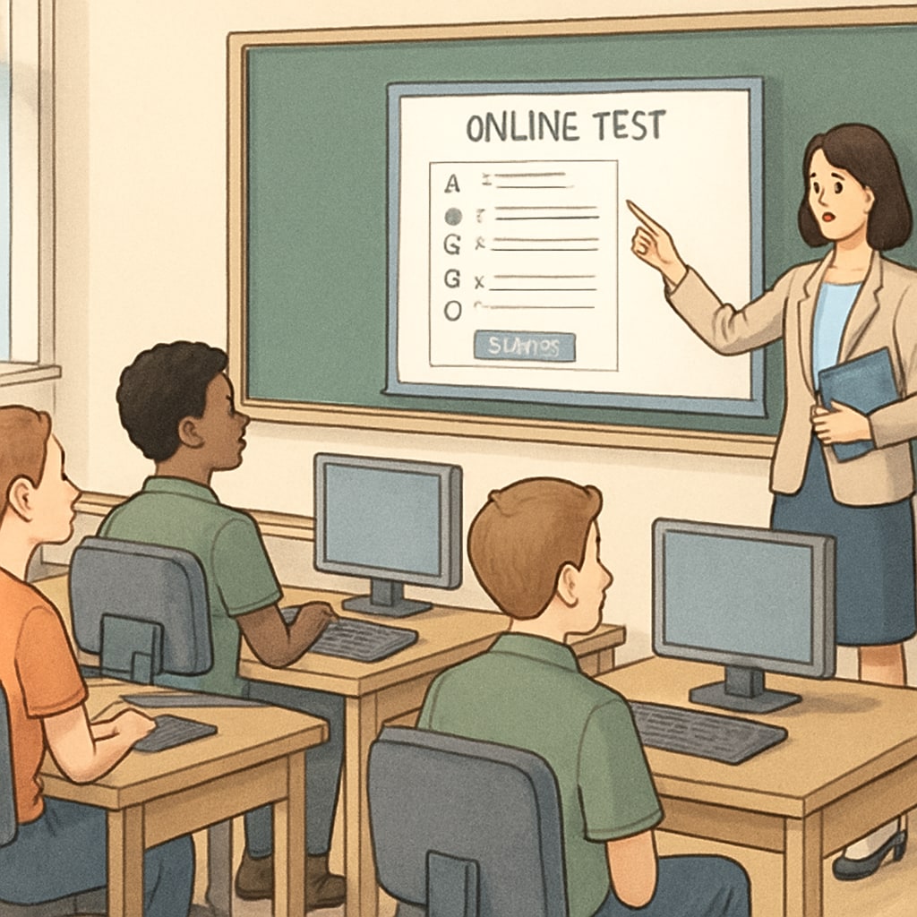 A teacher demonstrating a digital test platform to students in a computer lab. Teacher showcasing digital test tools to students in a lab.