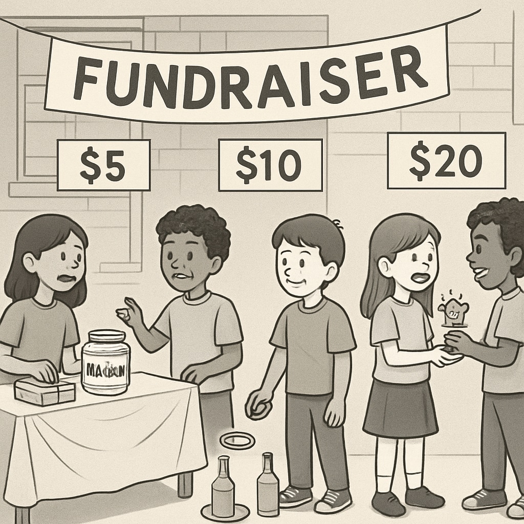 Children in a school fundraiser showing economic disparities through rewards.