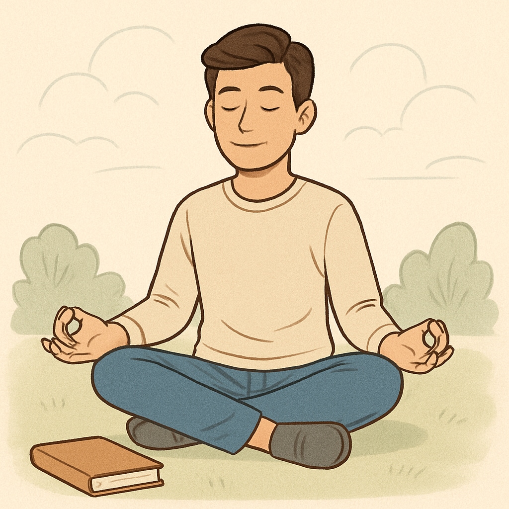 A calm student meditating with a book nearby, symbolizing anxiety management during exam preparation. The image emphasizes the importance of mindfulness in reducing test stress. Student meditating to manage anxiety before the OAE exam.