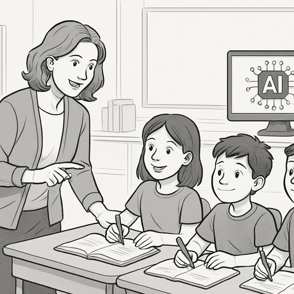 Teacher working with students alongside AI automation tools in education.