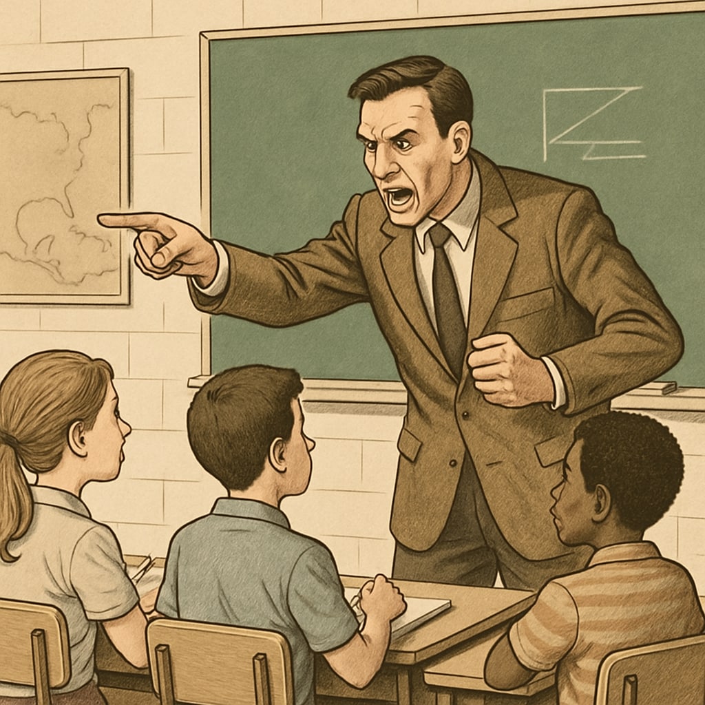 A teacher intensely coaching students in a classroom setting, emphasizing the importance of discipline and rigor. A teacher coaching students in a rigorous K12 educational setting.