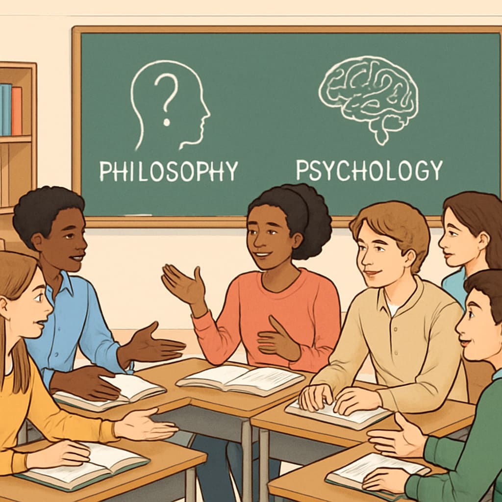 A group of students engaging in a classroom discussion about philosophical and psychological concepts, emphasizing collaboration and inquiry. Students discussing philosophy and psychology concepts in a classroom setting.