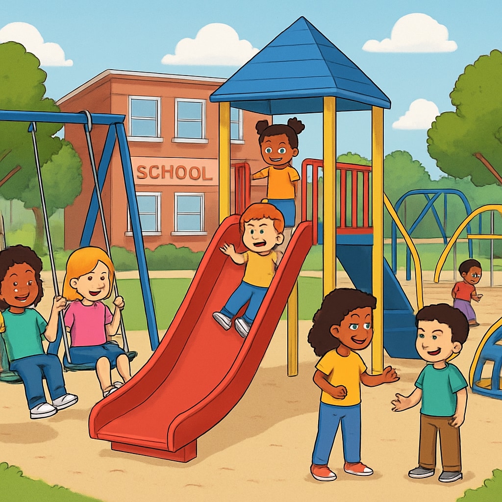 A playground in an elementary school, with children playing and interacting. Elementary school playground with children playing, illustrating the importance of age-appropriate facilities.