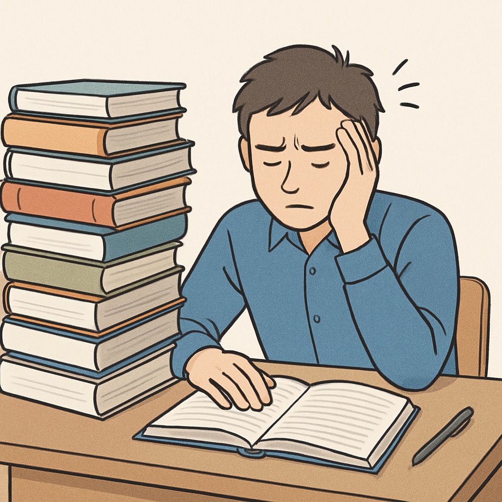 A stressed student sitting at a desk with books piled high, symbolizing the emotional toll of extreme educational pressure. A stressed K12 student surrounded by academic materials.