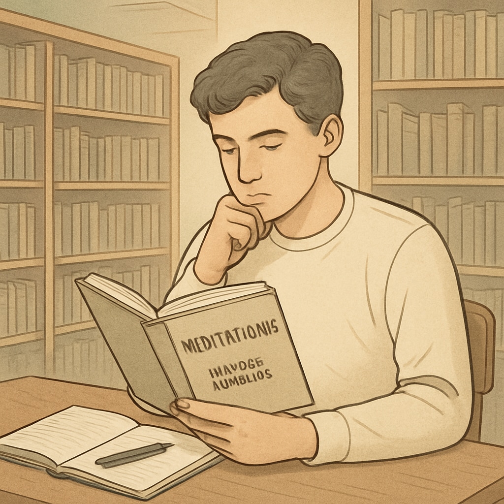 A student reading a philosophy book such as A high school student reading a philosophy book in a library.