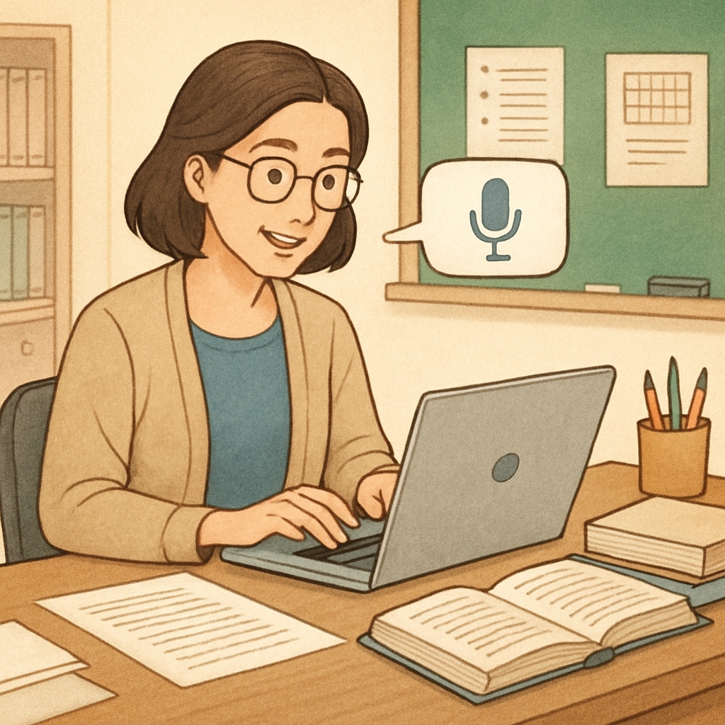 A teacher using voice-to-text software on a laptop to prepare detailed feedback for students. A teacher utilizing voice-to-text software to enhance efficiency and reduce their administrative burden.