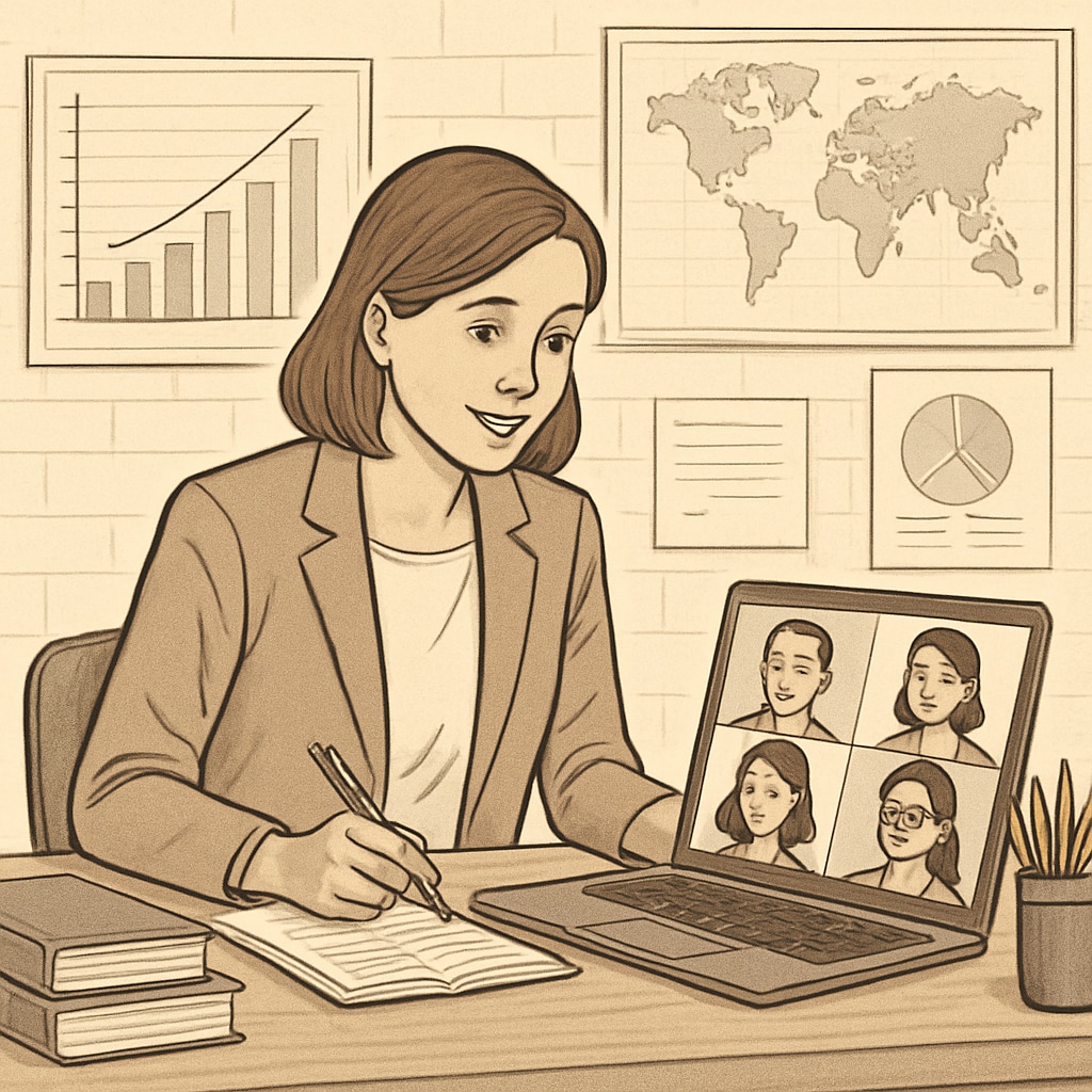 A teacher conducting an online parent-teacher meeting with parents actively participating. Online parent-teacher meeting showing parental involvement during school transitions.