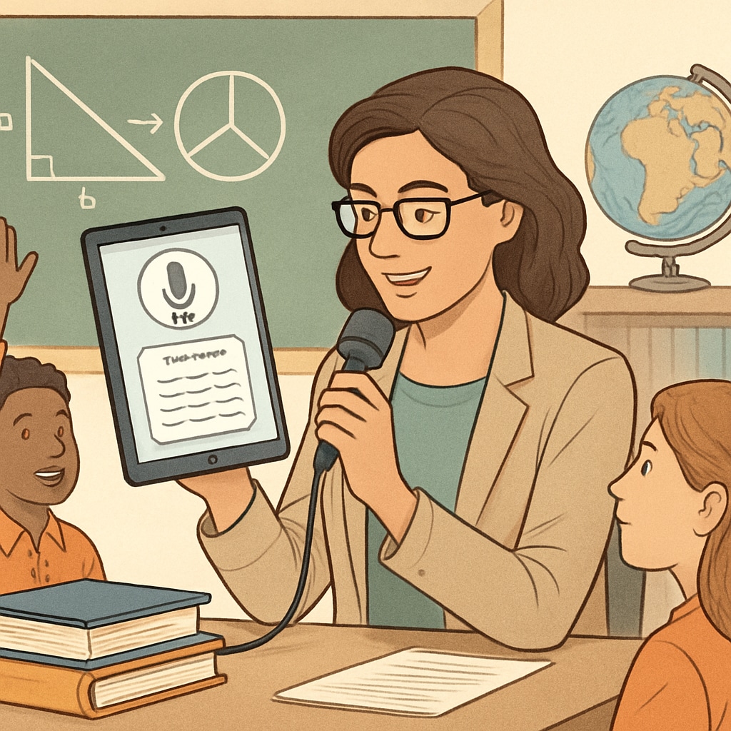 An educator multitasking in a classroom while using a voice-to-text app to create lesson plans. An educator creating lesson plans with a voice-to-text tool, improving efficiency and reducing workload.