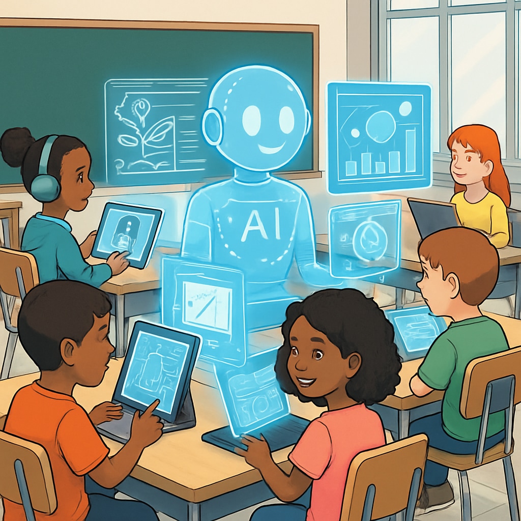 A futuristic classroom showcasing students using AI-powered devices for personalized learning experiences. AI-powered learning devices in a futuristic classroom supporting personalized education.