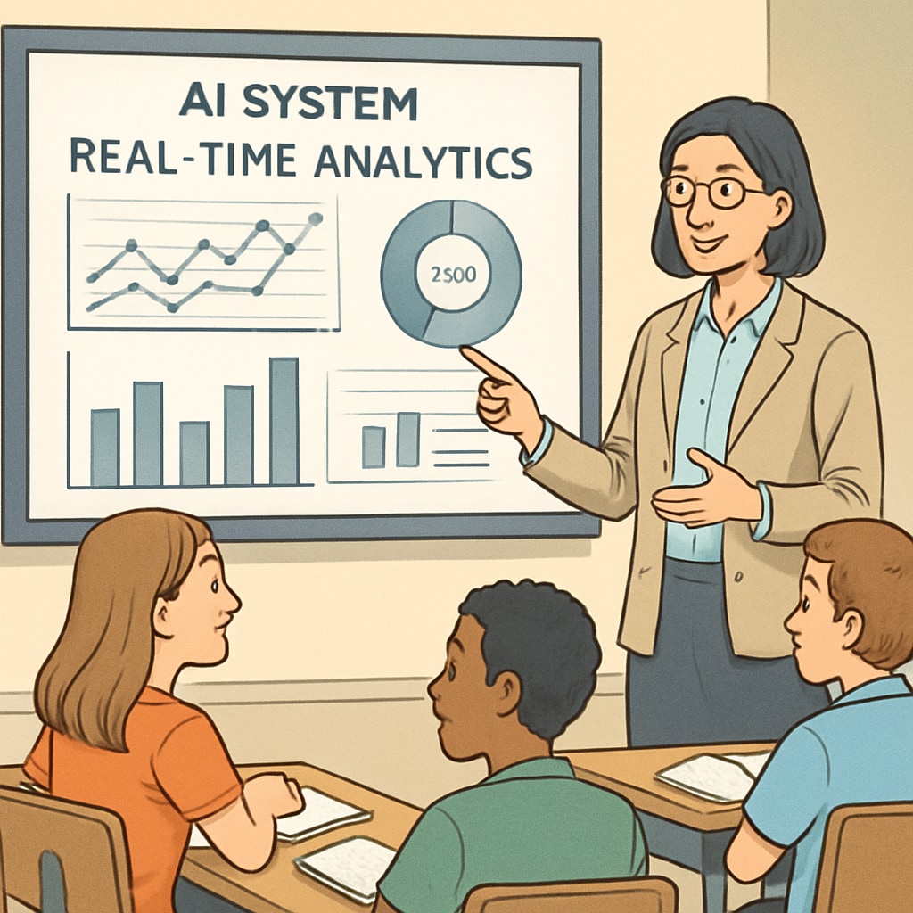 A teacher engaging with students while an AI system displays real-time analytics on a smartboard. AI-enhanced classroom with real-time analytics displayed during a teacher-student interaction.