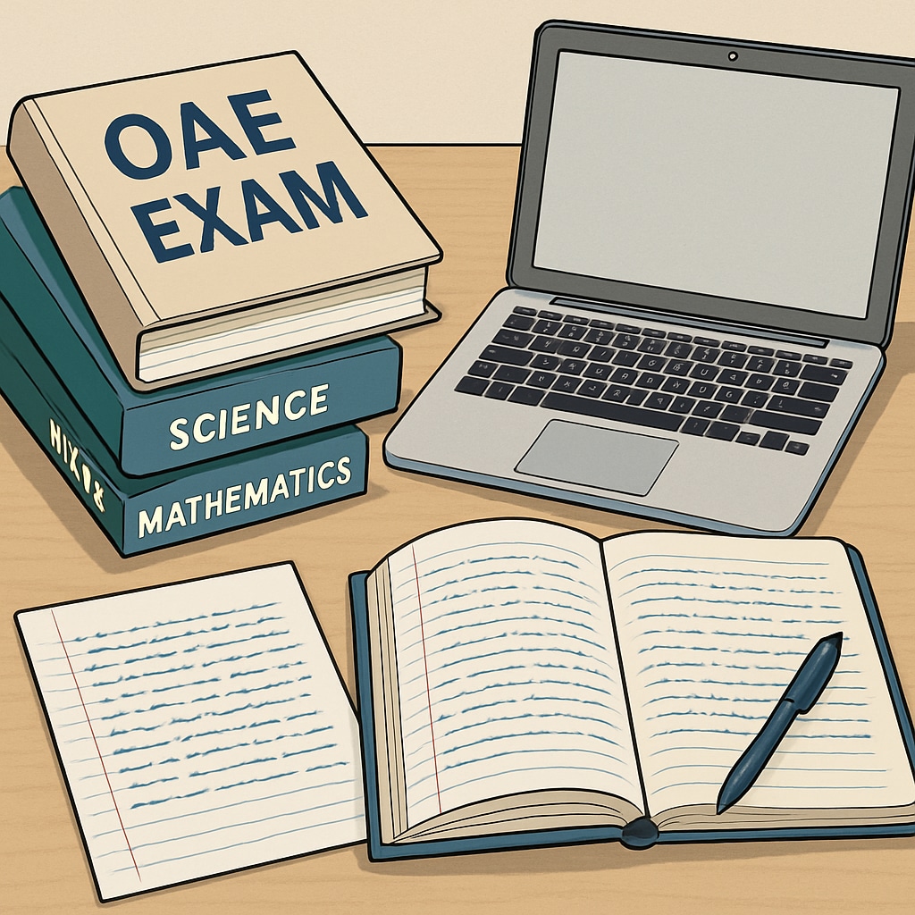 Study materials for OAE exam preparation including textbooks and notes.