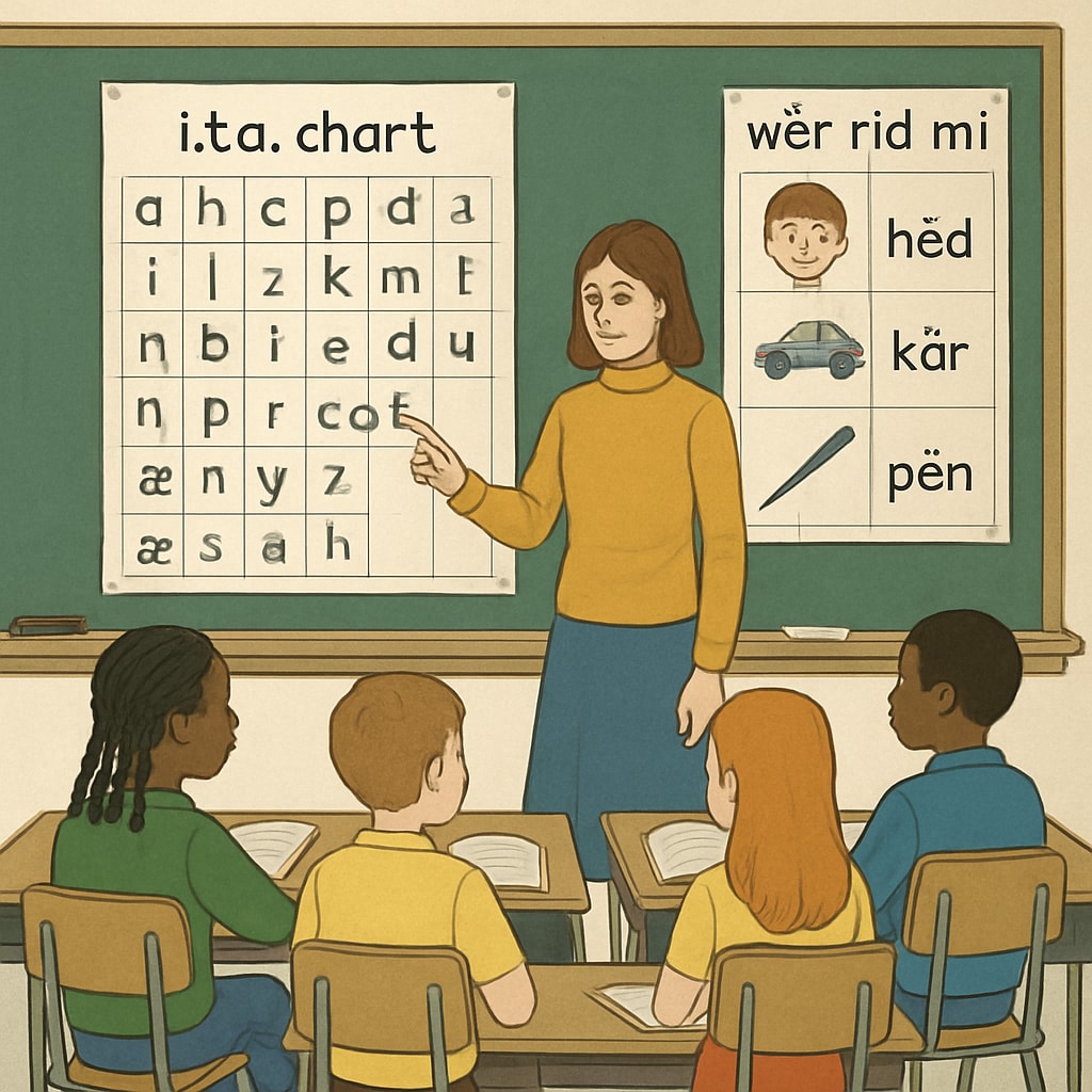 1970s classroom with children learning Initial Teaching Alphabet.