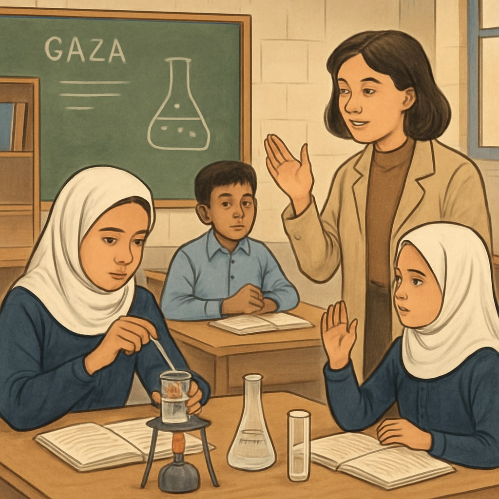 A classroom in Gaza with students actively engaging in a science experiment. The teacher is guiding them through an inquiry-based learning activity. Students in Gaza engaging in a science experiment as part of a new curriculum.