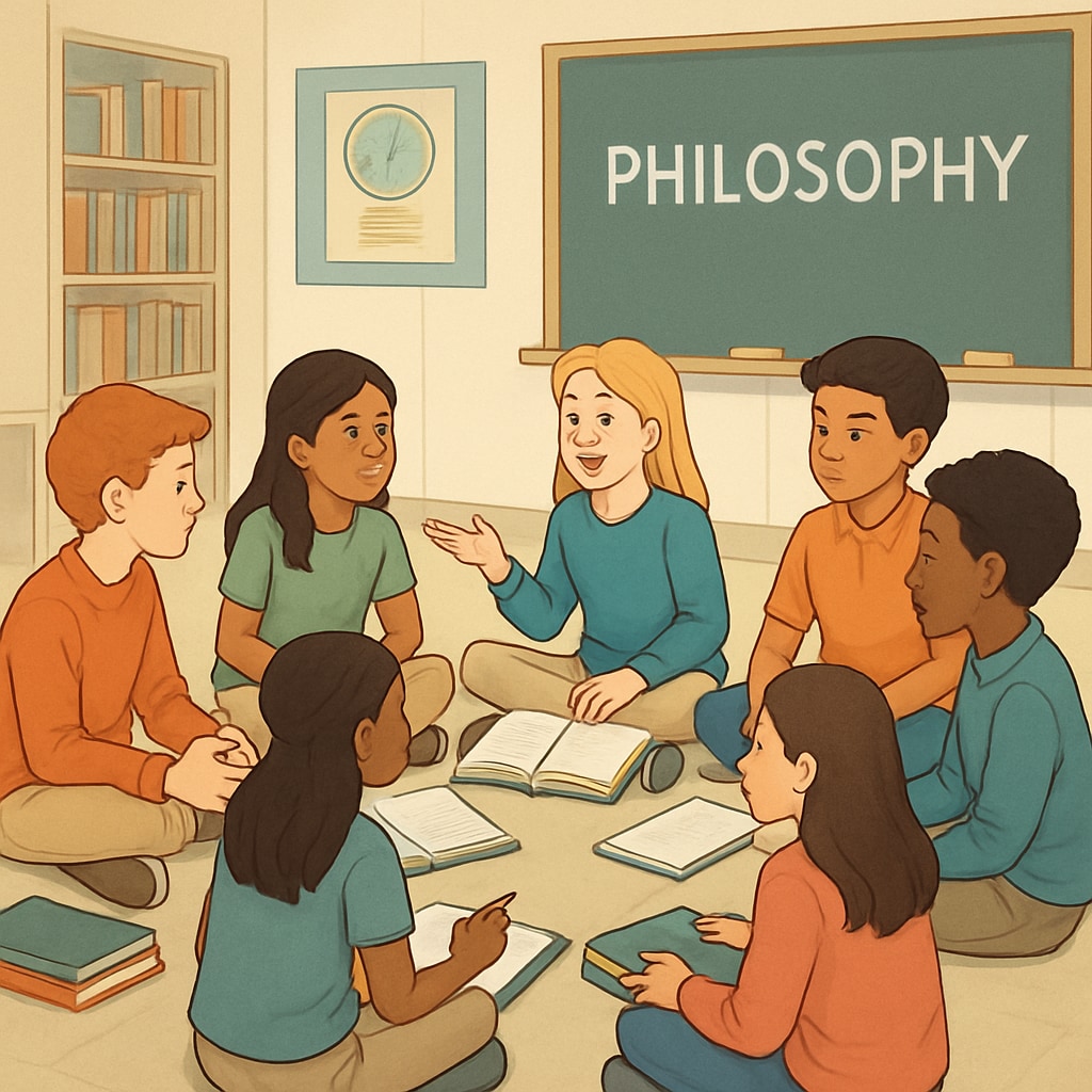 A group of diverse K-12 students actively participating in a philosophy discussion circle. K-12 students exploring philosophy and psychology in a classroom discussion.