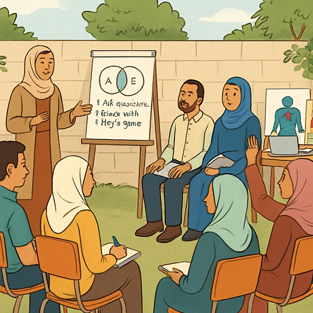 An outdoor workshop in Gaza, where teachers are being trained to use interactive teaching methods and trauma-sensitive approaches. Teacher training workshop in Gaza for interactive and trauma-informed teaching.