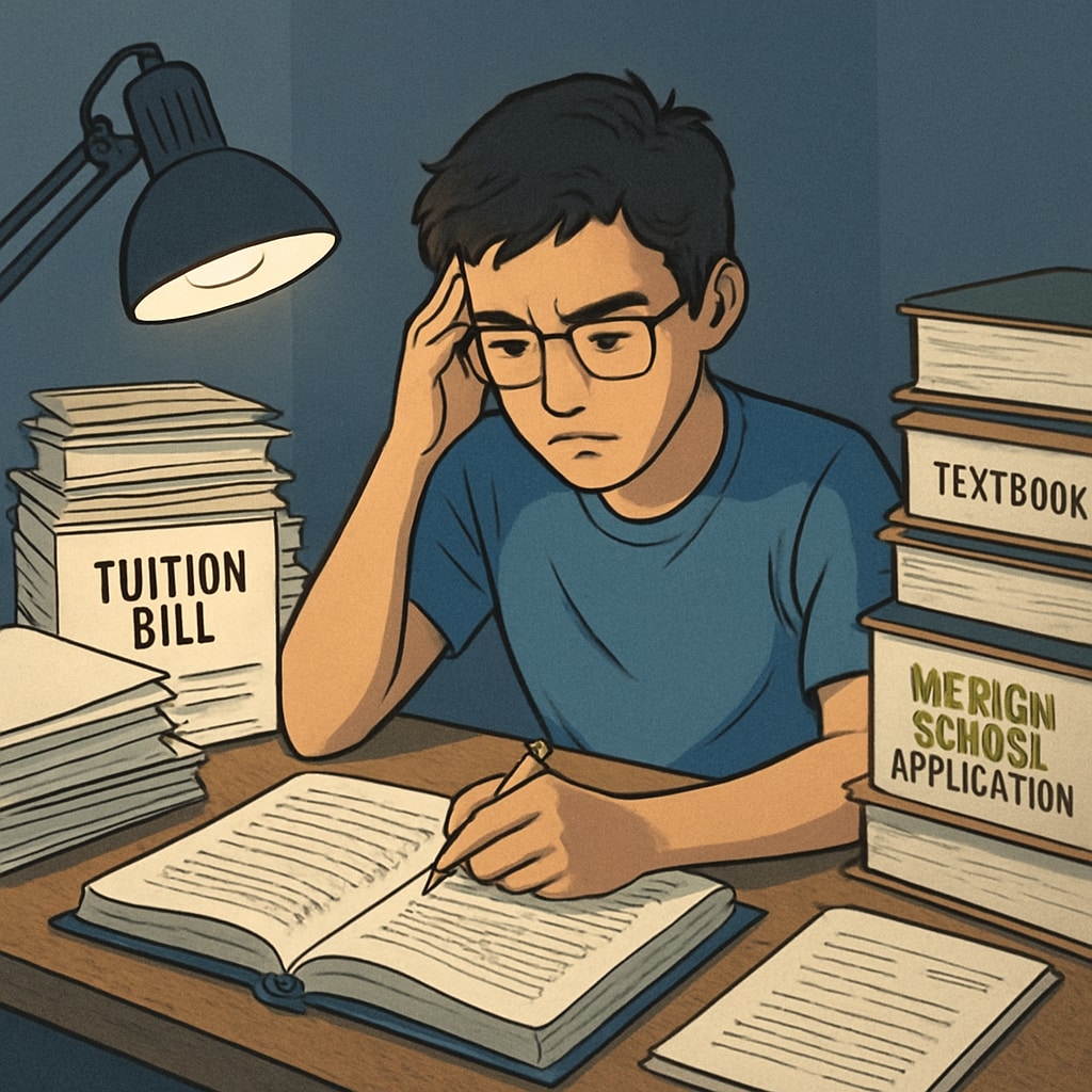 A college student studying late at night, surrounded by tuition bills and medical school applications. The image conveys the pressure of financial barriers in higher education. College student facing tuition challenges and preparing medical school applications.