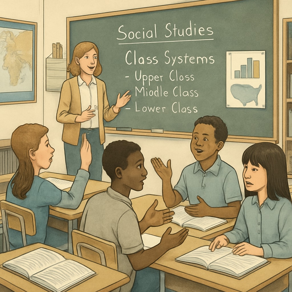 A classroom scene with students engaging in a social studies lesson, emphasizing the importance of critical thinking about class systems. Students in a classroom discussing class systems and their implications in social studies education.