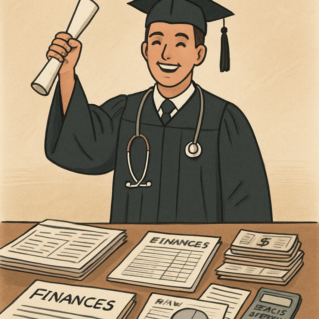A recently graduated medical student celebrating their achievement, with financial paperwork behind them. The image emphasizes the relief and success after overcoming financial hurdles. Medical graduate celebrating after overcoming tuition challenges.