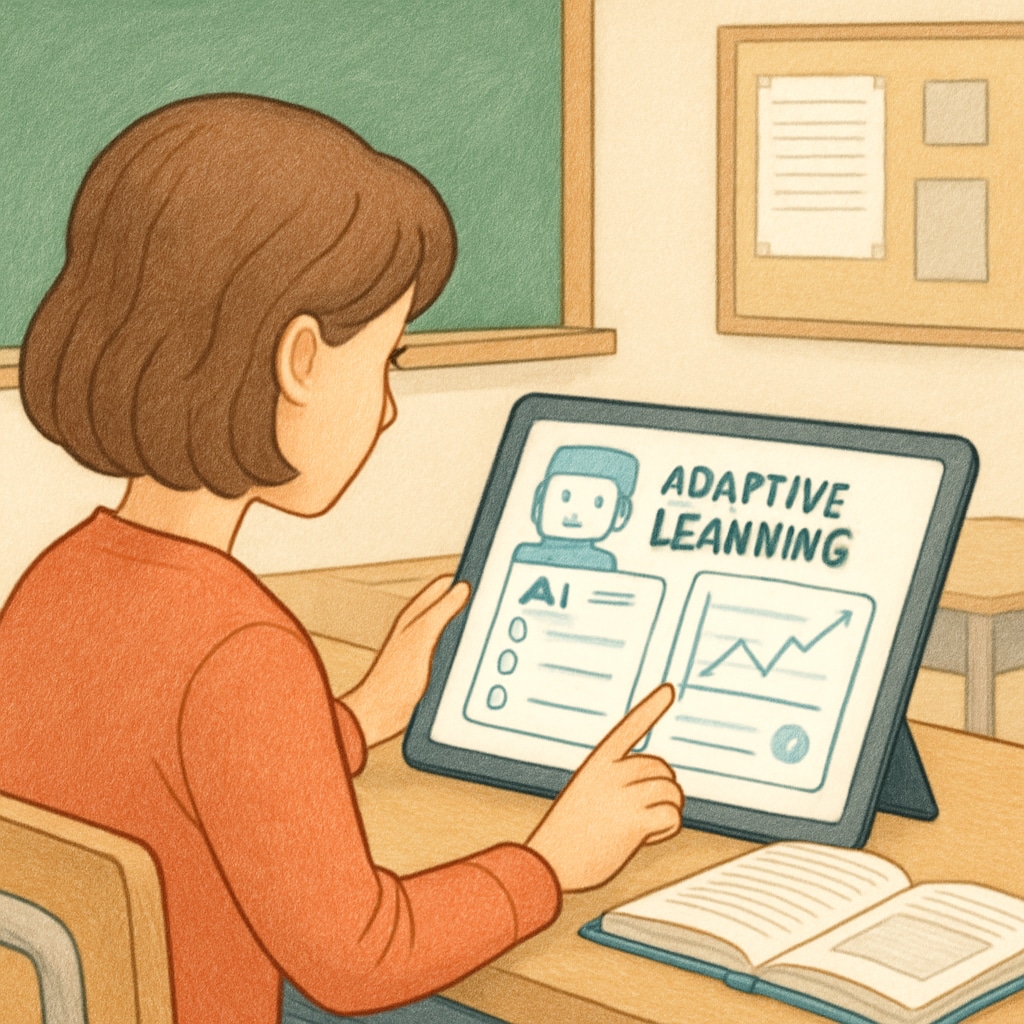 A student using an AI-powered learning platform on a tablet, with adaptive content displayed. A student exploring personalized learning through an AI-powered education platform.