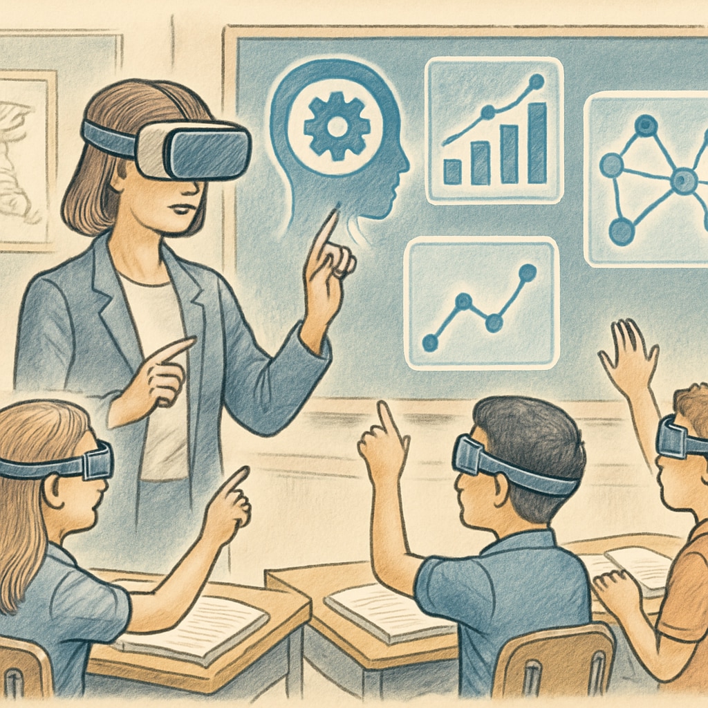 A teacher interacting with a virtual reality headset while students engage in an AI-driven AR lesson. A teacher using AI-powered AR tools to create an immersive learning environment for students.