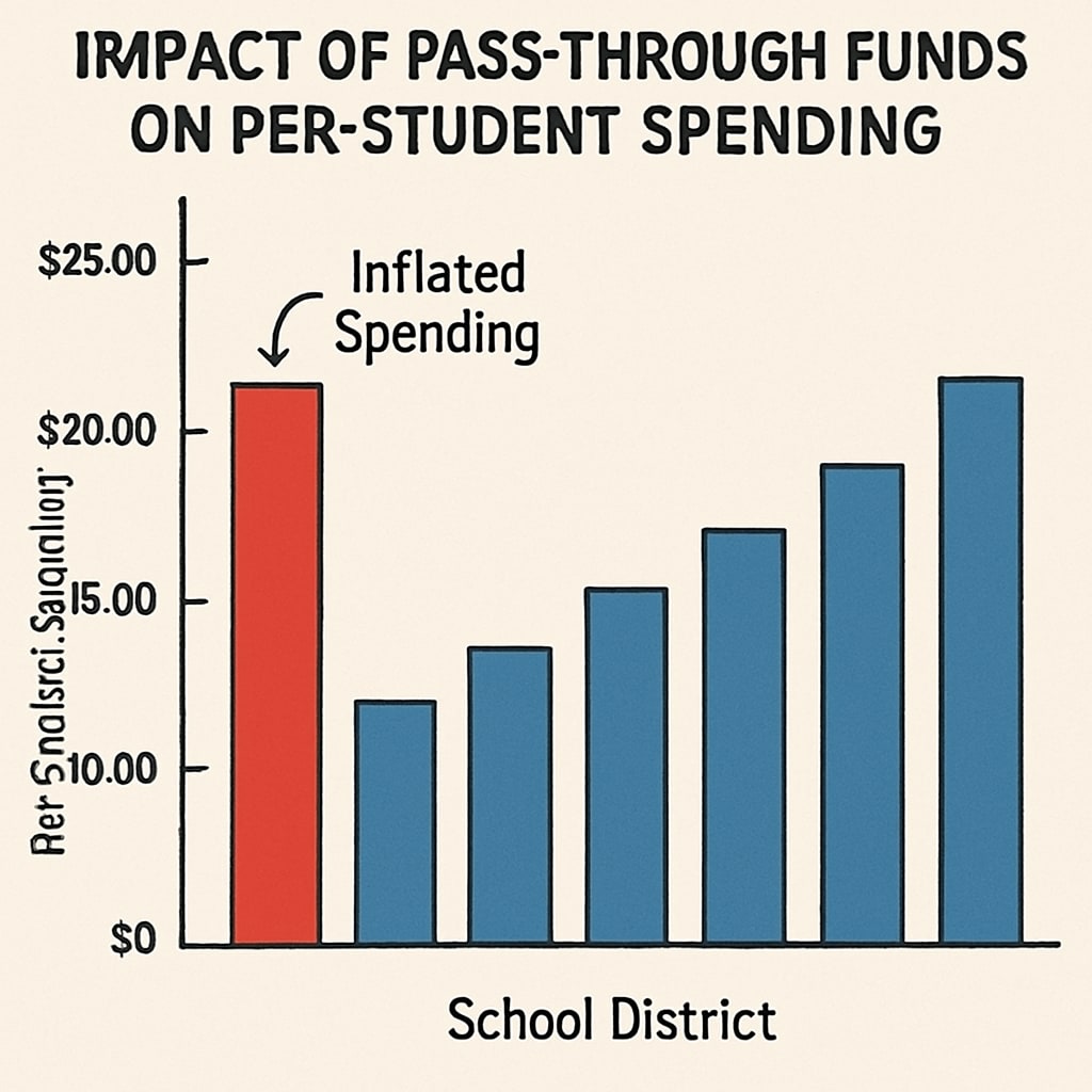 A bar graph showing the impact of pass-through funds on per-student spending across various school districts. The graph highlights inflated spending figures in districts with significant pass-through funds. Bar graph demonstrating the influence of pass-through funds on per-student spending metrics in school districts.