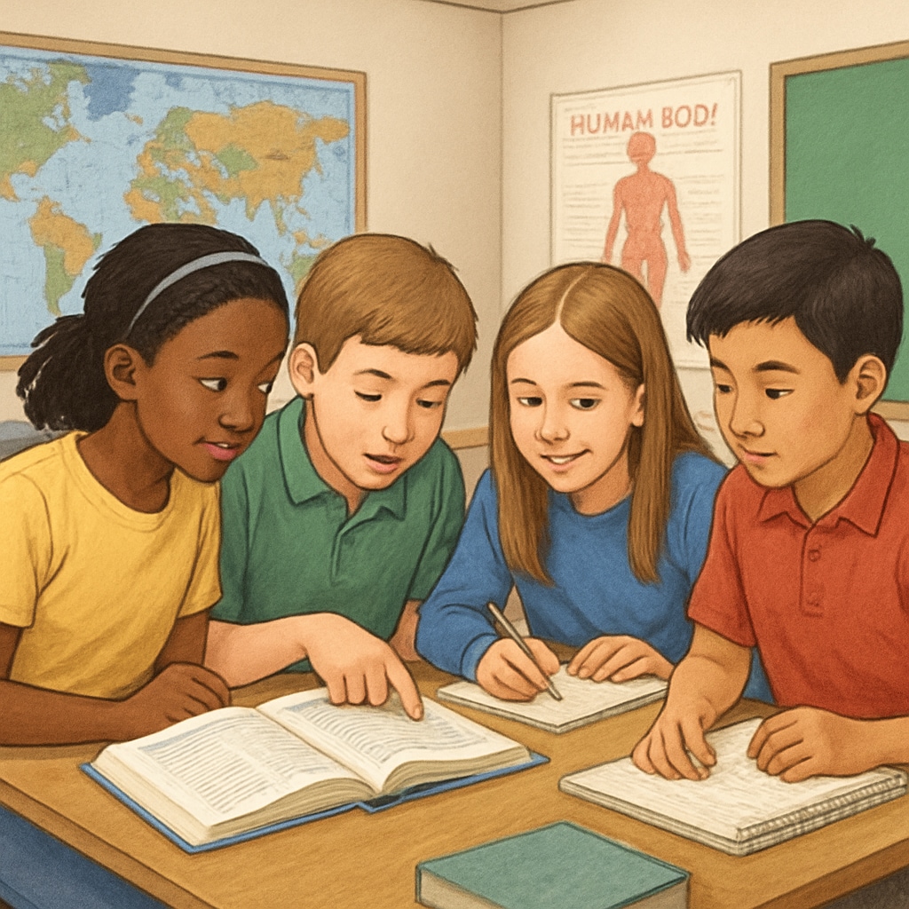 A group of students reviewing study materials in a classroom during a year-round schooling session, emphasizing continuity in learning. Students studying in a year-round schooling environment.