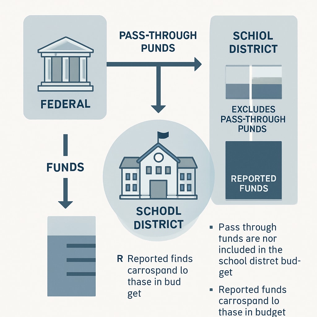 An infographic illustrating how pass-through funds work and their effect on school budget reporting, featuring diagrams and simplified explanations. Infographic explaining pass-through funds and their impact on school budget calculations.