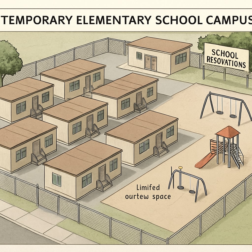 Temporary school campus with portable classrooms and reduced play areas during renovation