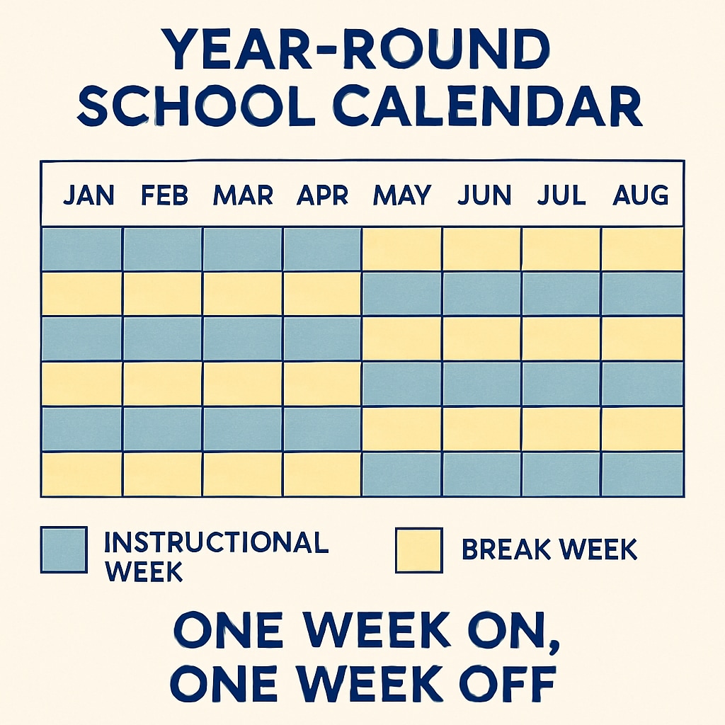 Diagram showing a year-round school calendar with distributed breaks, illustrating the Year-round school calendar diagram with distributed breaks.
