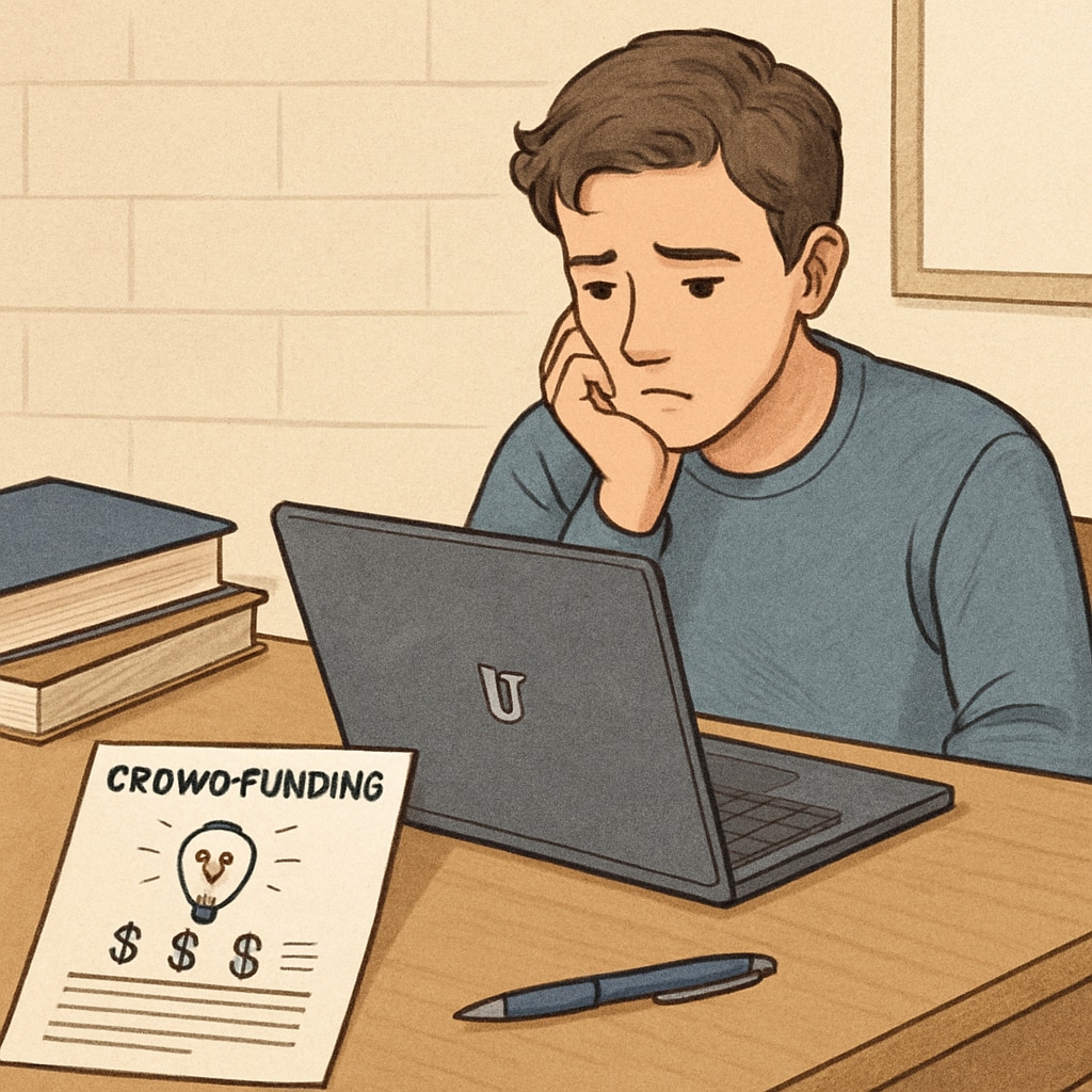A student at their desk with a laptop and crowdfunding flyer, symbolizing university financial struggles. Student working on a crowdfunding campaign to cover university tuition fees.