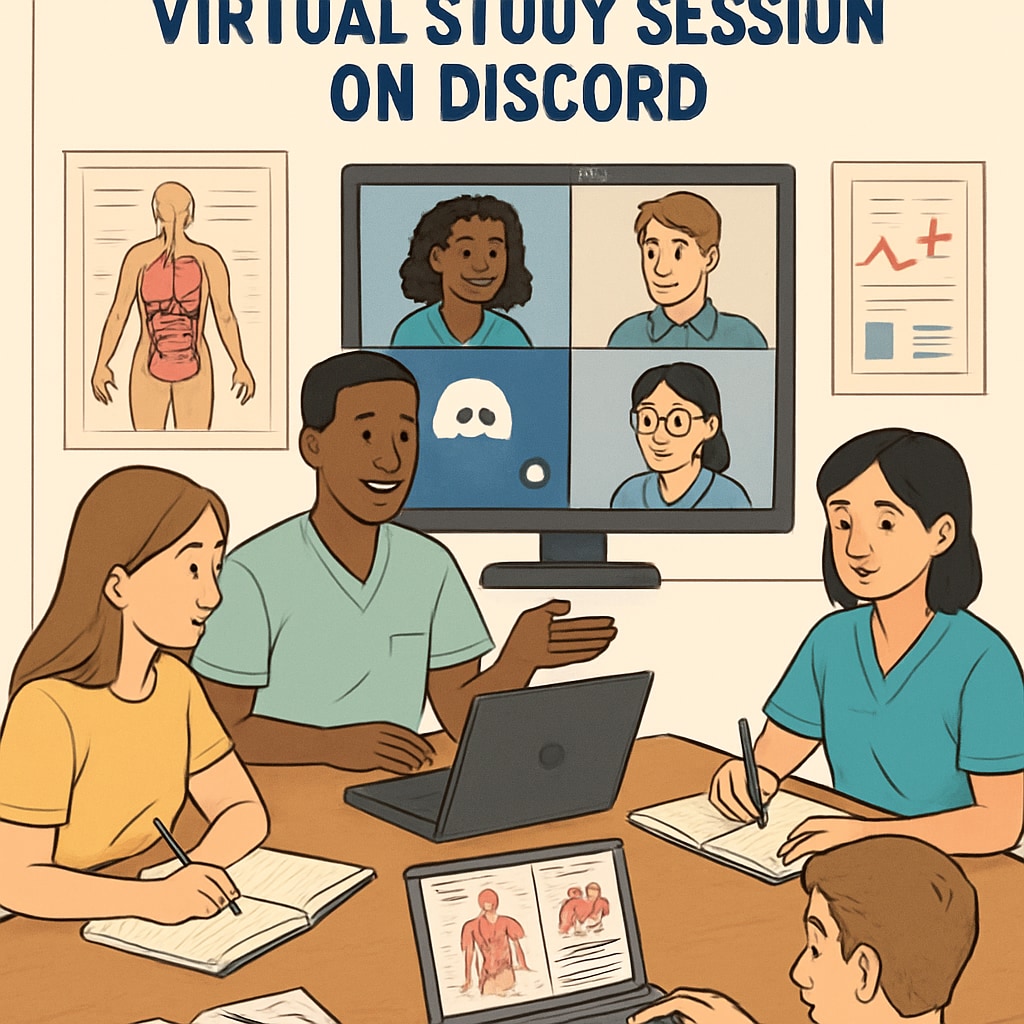 A group of students engaging in a virtual study session on Discord, discussing nursing topics. Students in a study group on Discord discussing nursing-related subjects.