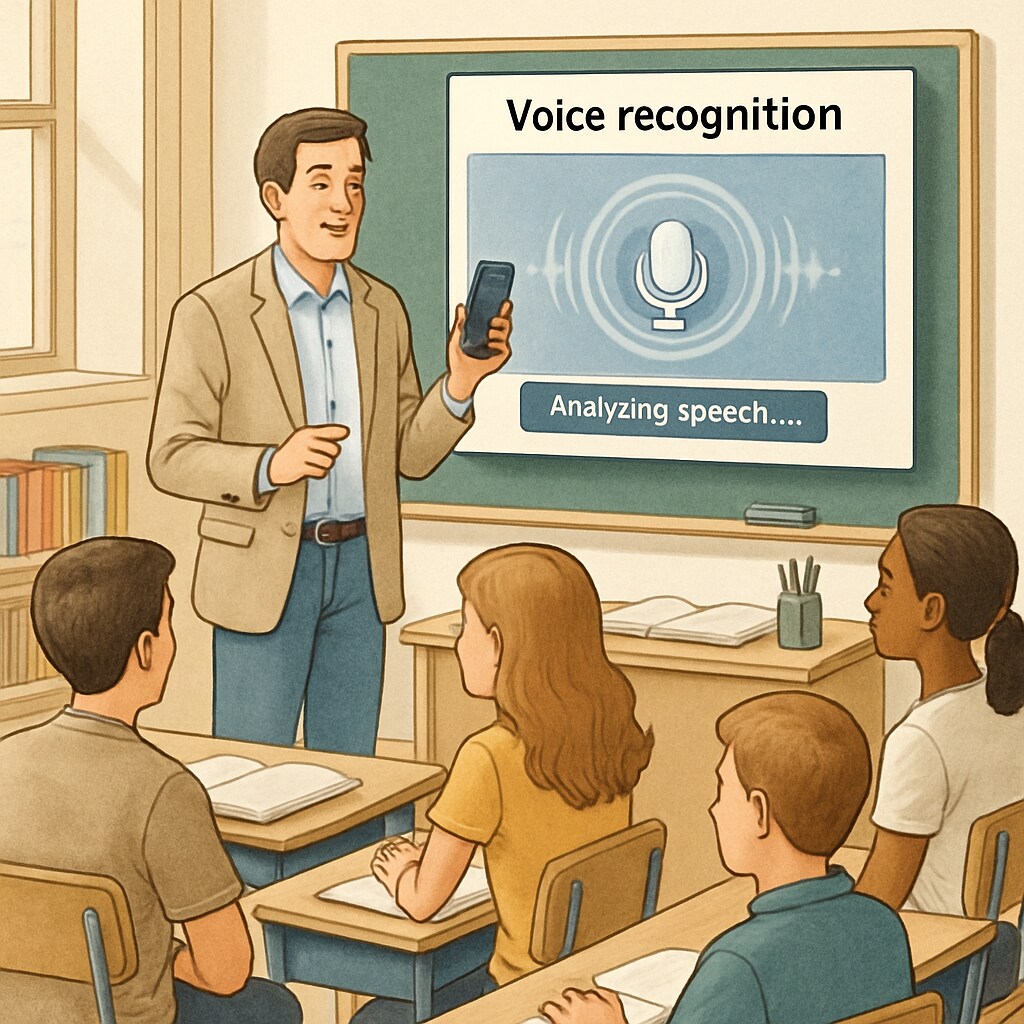 Teacher using voice recognition technology for interactive learning and feedback.