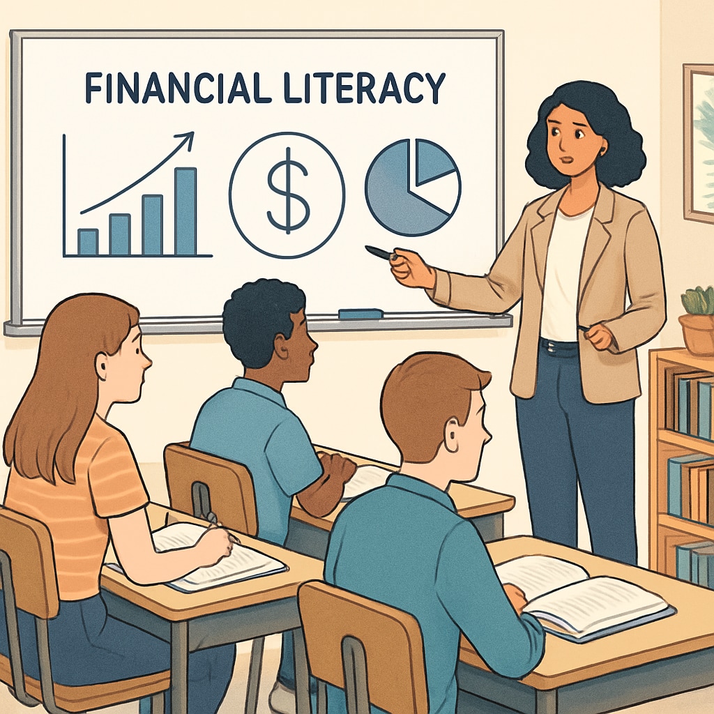 A teacher explaining financial literacy concepts to high school students in a classroom, emphasizing K12 education. Classroom setting focused on teaching financial literacy to high school students.