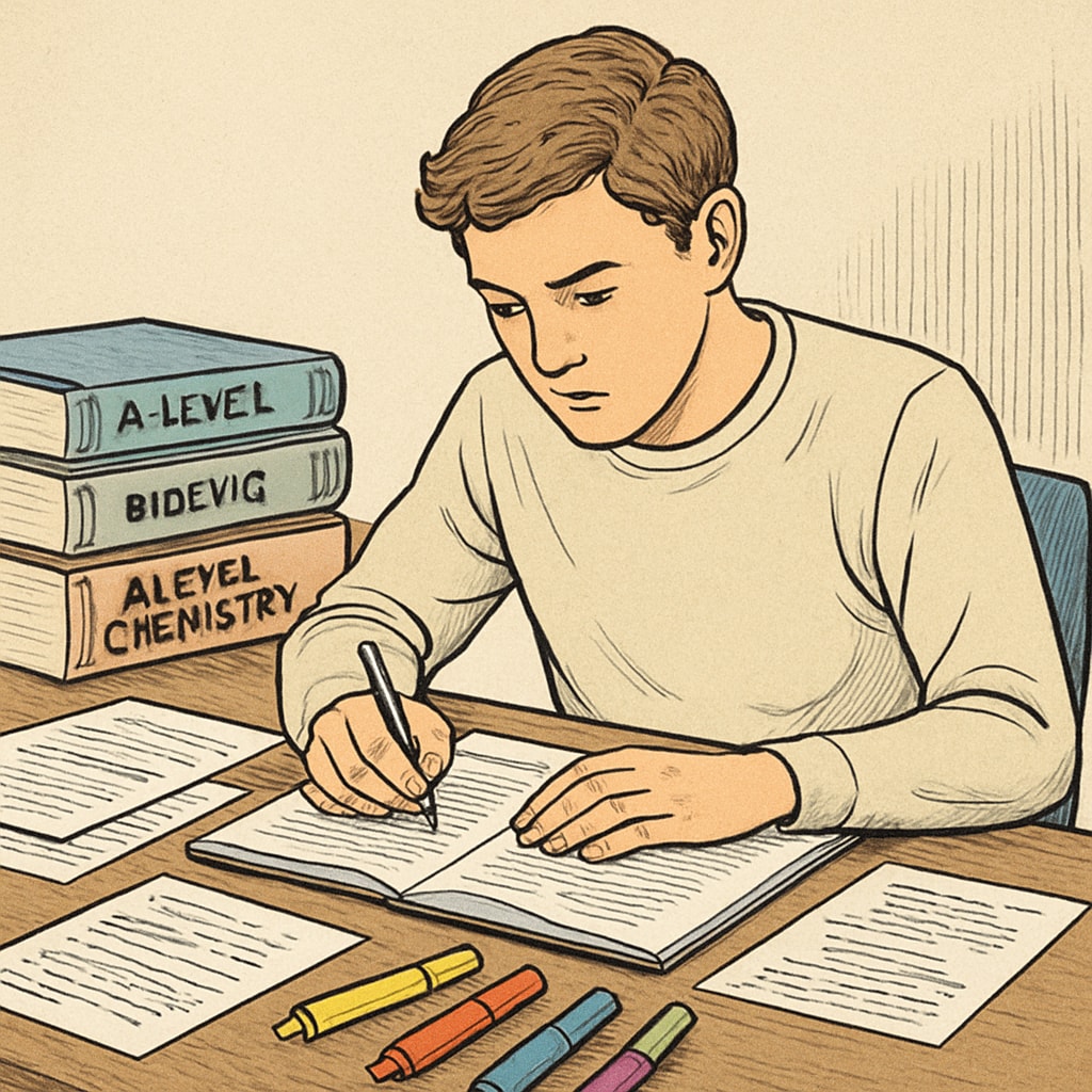 A student preparing for A-Level exam retakes with textbooks and notes.