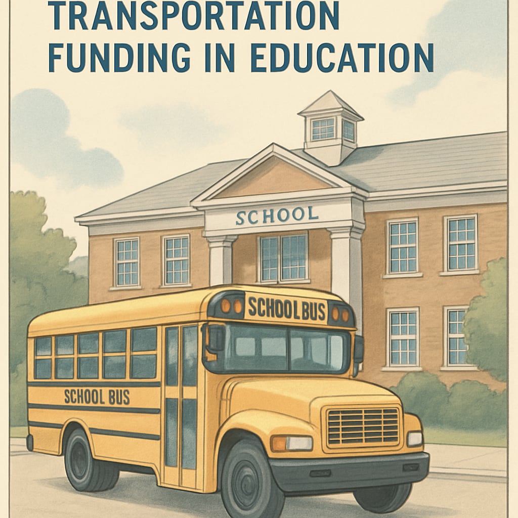 A yellow school bus parked in front of a school, symbolizing transportation funding in education. A yellow school bus representing pass-through funds for education transportation.
