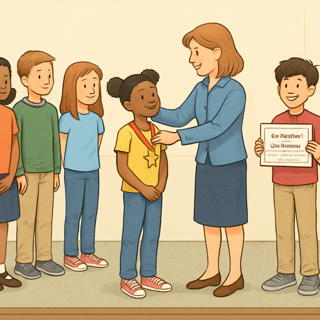 A diverse group of students at a school event, with some receiving exclusive rewards and others not. Students at a school event, showcasing the fairness issue in tiered fundraising rewards.
