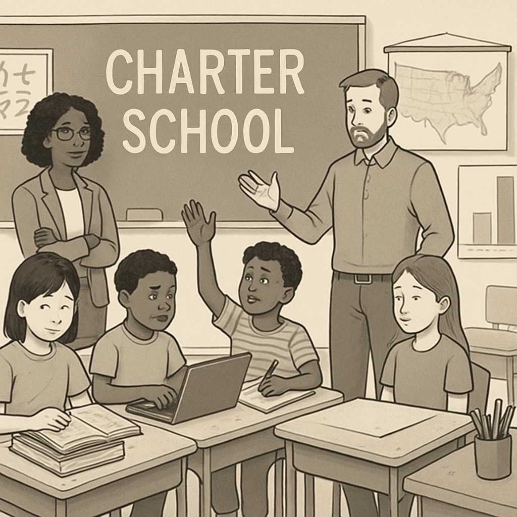 A group of students and teachers in a charter school classroom, illustrating differences in funding allocation. Charter school classroom showing students and teachers, highlighting funding issues.
